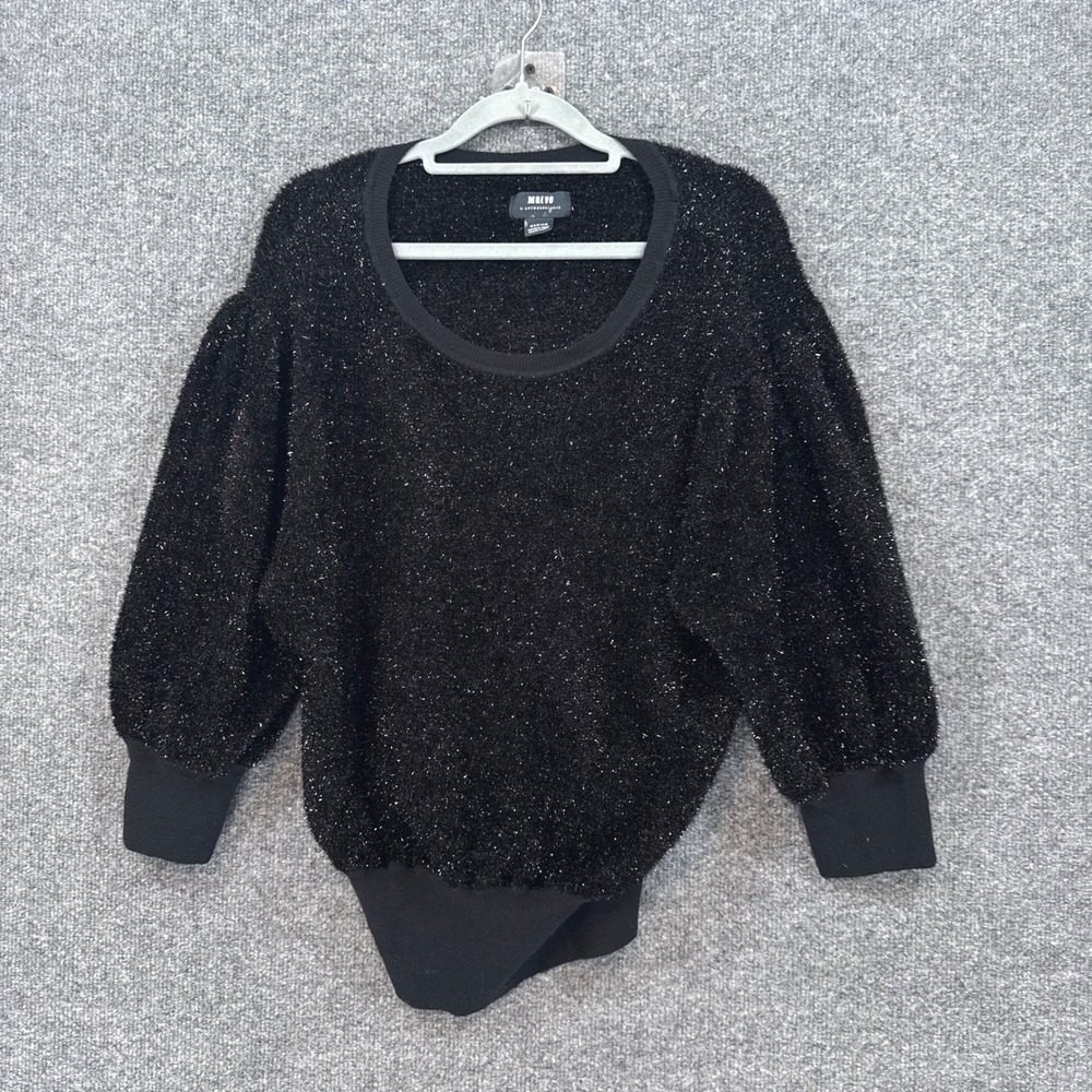 Maeve Anthropologie Sweater Womens Medium Black Metallic Shimmer Puff Sleeve
